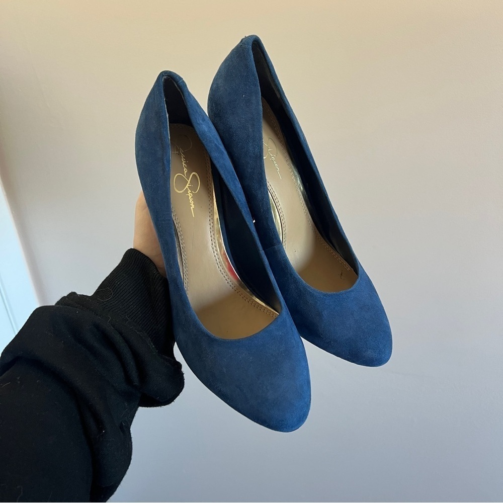 Jessica Simpson Blue Suede Pointed Toe Heels – Size 8.5
